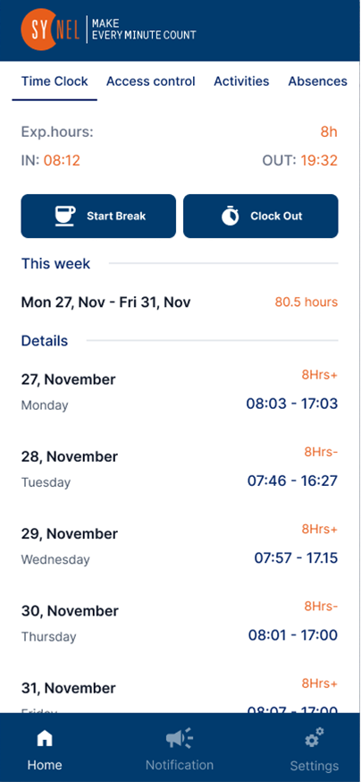Synel mobile app time clock screen